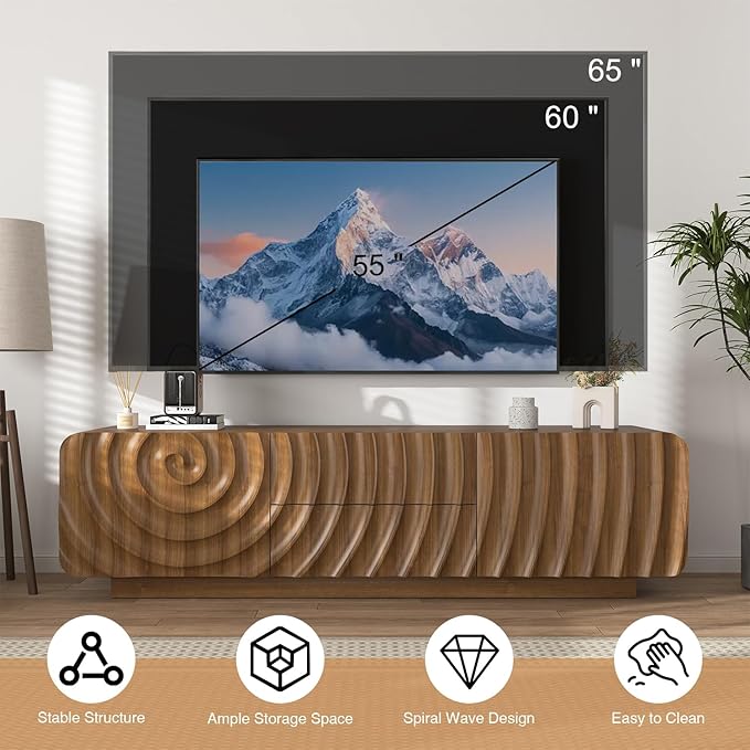 TV stand for 65'' TV , Media Console Table with Storage Cabinet, Spiral Wave Design,Low Profile Credenza for Living Room,Entertainment Center Television Stand with Curved Corner for Bedroom Walnut