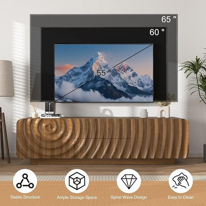 TV stand for 65'' TV , Media Console Table with Storage Cabinet, Spiral Wave Design,Low Profile Credenza for Living Room,Entertainment Center Television Stand with Curved Corner for Bedroom Walnut