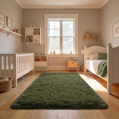 Andecor Shag Area Rug for Living Room, 3x5 Feet Olive Green Soft Fluffy Indoor Plush Throw Rugs for Bedroom Girls Kids Room Nursery Dorm Home Decor Carpet