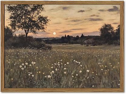 Vintage Farmhouse Wall Art, Rustic Floral Wall Decor Paintings, Twilight Firefly Artwork Painting Field Nature Landscape Canvas Prints for Bedroom Living Room 12x16 inch Wood Framed