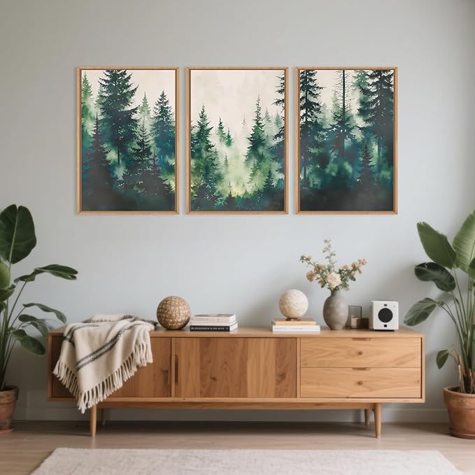 Misty Forest Landscape Framed Canvas Wall Art Set, Nature Green Pine Tree Wall Decor, Calming Greenery Boho Scenery Artwork Watercolor Modern Foggy Print for Living Room,Bedroom-24 x36 x3