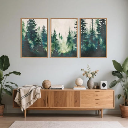 Misty Forest Landscape Framed Canvas Wall Art Set, Nature Green Pine Tree Wall Decor, Calming Greenery Boho Scenery Artwork Watercolor Modern Foggy Print for Living Room,Bedroom-24 x36 x3