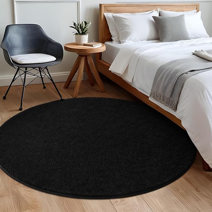 Black Round Area Rugs for Living Room Bedroom, 4x4 Feet Ultra Soft Memory Foam Modern Indoor Circle Carpet, Non-Slip Comfy Washable Circular Rug for Boys Girls Nursery Room Home Decor
