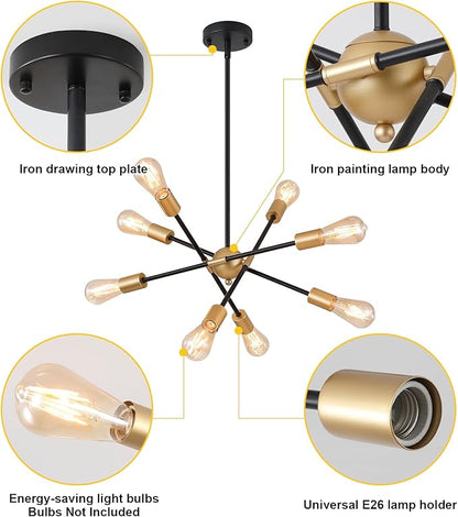 MEIXISUE 8 Lights Dining Room Light Fixtures Modern Sputnik Chandelier Black and Gold Mid Century Pendant Light for Kitchen Island Entryway Foyer Living Room UL Listed