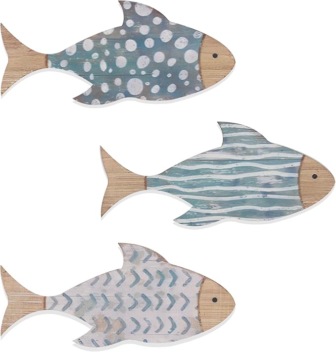 ACOSIY 3-Piece Wooden Fish Coastal Decor Set, Beach Themed Wall Art, Vintage Lake House Decor, Nautical Ocean Fish Wall Art for Home, Bathroom, Living Room