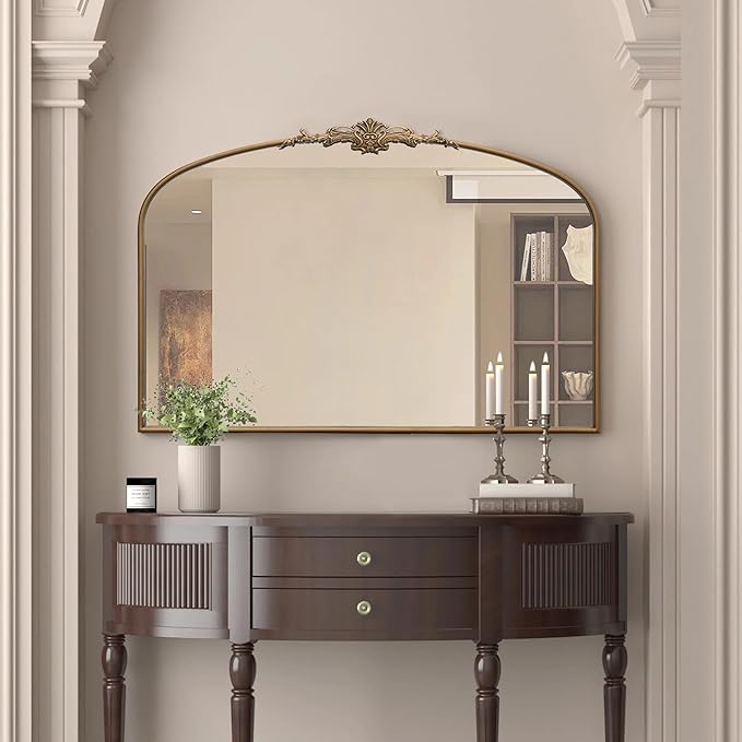 Besdomus Vintage Arched Gold Mirror: 48"x33" French Oversize Gold Antique Vanity Decorative Mirror - Baroque Traditional Ornate for Entryway/Fireplace/Bathroom - Home Decor for Fashion-Conscious