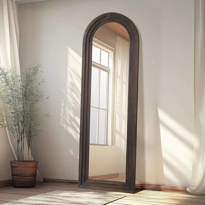 MELOMOIR Arched Full Length Mirror with Solid Wood Frame, 64"x21" Rustic Farmhouse Floor Mirror with Stand, Free Standing Leaning Hanging, for Bedroom Living Room Dressing Room Entryway, Brown