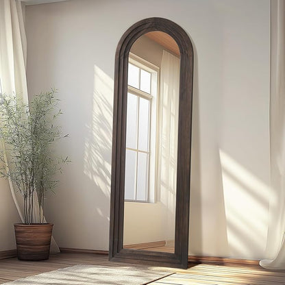MELOMOIR Arched Full Length Mirror with Solid Wood Frame, 64"x21" Rustic Farmhouse Floor Mirror with Stand, Free Standing Leaning Hanging, for Bedroom Living Room Dressing Room Entryway, Brown