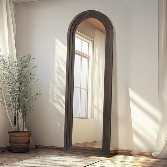 MELOMOIR Arched Full Length Mirror with Solid Wood Frame, 64"x21" Rustic Farmhouse Floor Mirror with Stand, Free Standing Leaning Hanging, for Bedroom Living Room Dressing Room Entryway, Brown