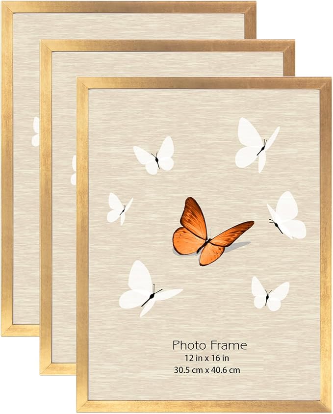 12x16 Picture Frame Gold 3 Pack, Poster Frames 12 x 16 without Mat for Wall, Horizontal or Vertical Wall Mounting