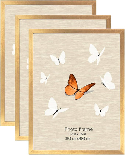 12x16 Picture Frame Gold 3 Pack, Poster Frames 12 x 16 without Mat for Wall, Horizontal or Vertical Wall Mounting