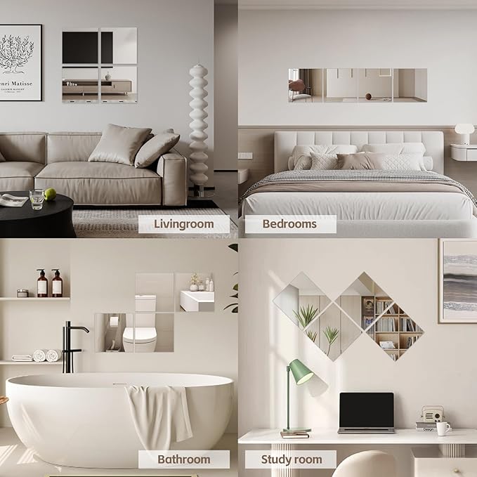 Abyssaly Mirror Stickers for Walls 10 Packs Self Adhesive Stick on Mirrors Tiles Small Peel and Stick Mirror Tiles 2mm Unbreakable Wall Mirrors Decorative Sheets for Kitchen 7.8''x7.8''