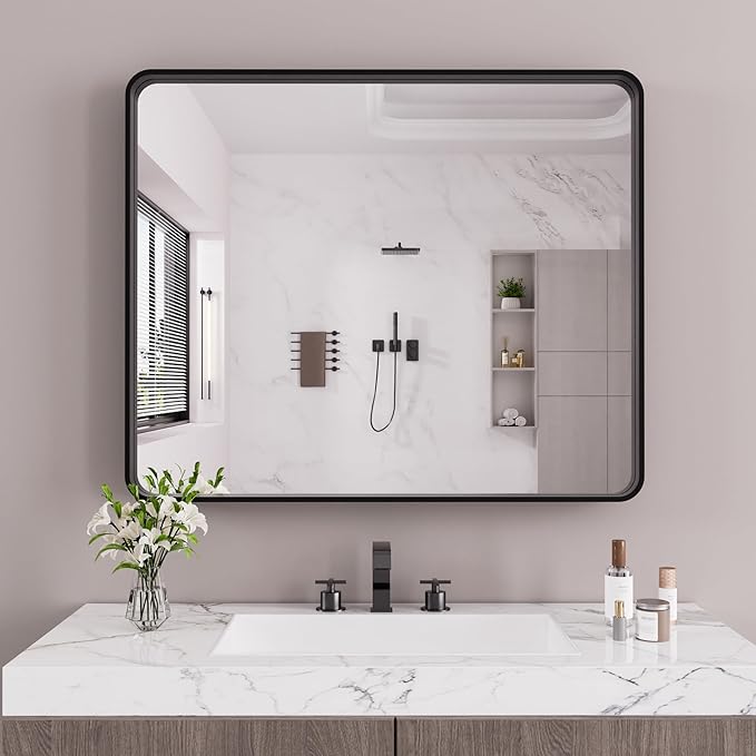 JISOSO Black Bathroom Mirror 48X40 Inch, Black Metal Framed Mirror for Wall, Rounded Rectangle Matte Bathroom Vanity Mirror with Tempered Glass, Anti-Rust, Horizontal/Vertical