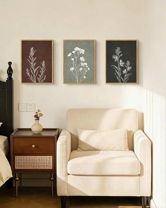 Drsoum Vintage Botanical Flower Boho Framed Wall Art Retro Floral Prints Wildflower Bohemain Neutral Rustic Artwork Kitchen Bedroom Ready to Hang 11x14in Natural Framed