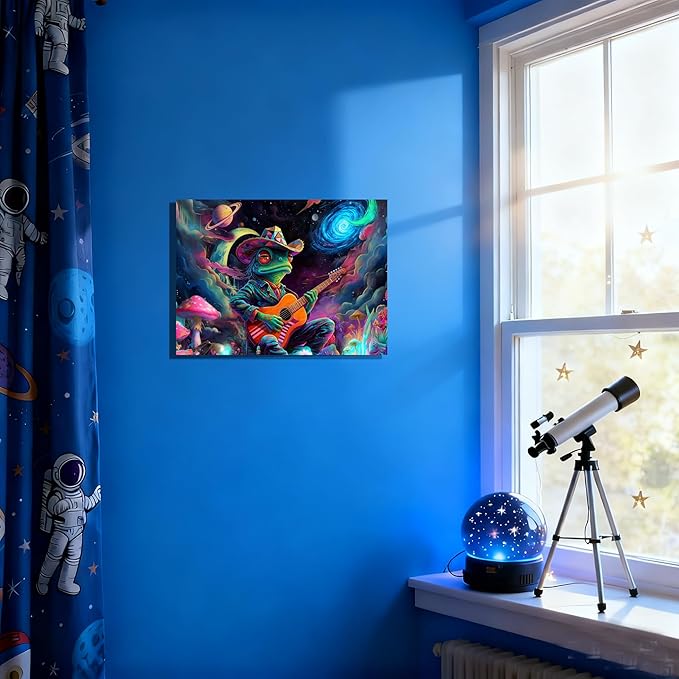 12x16 Trippy Space Frog Canvas Wall Art, Colorful Framed Cosmic Funny Guitar Player Kids Trippy Room Decor Teen Boys Bedroom Cool Posters Children Home Prints Painting for Living Room Bathroom Entry