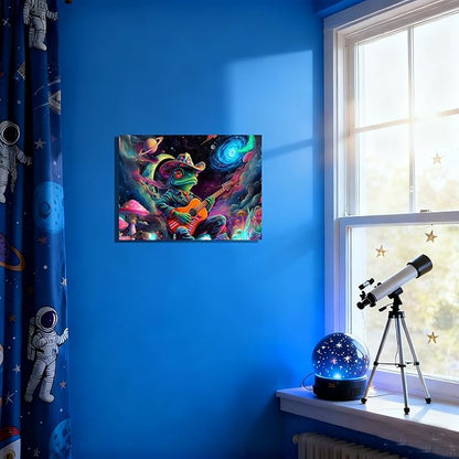 12x16 Trippy Space Frog Canvas Wall Art, Colorful Framed Cosmic Funny Guitar Player Kids Trippy Room Decor Teen Boys Bedroom Cool Posters Children Home Prints Painting for Living Room Bathroom Entry