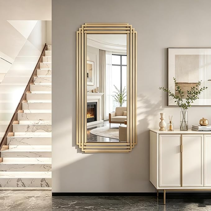 Gold Rectangle Mirror, 47"x22" Geometric Art Deco Mirror with Metal Frame, Modern Elegant Wall Mirrors for Living Room Bathroom Bedroom Entryway Hallway, Hangs Vertically or Horizontally