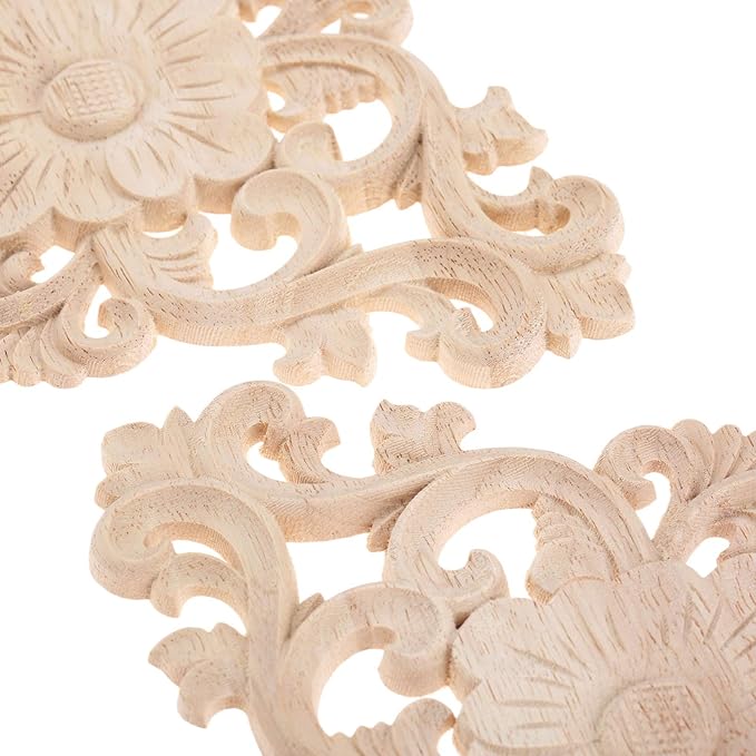 Wood Carved Appliques, 4Pcs Wooden Decorative Onlays, MUXSAM Unpainted Furniture Center Decals for Cabinet Dresser Bed Door Wall Wardrobe Ceiling Decoration Home DIY Project, 21x15cm/8.27"x5.9"