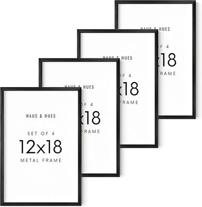 HAUS AND HUES 12x18 Black Metal Picture Frames - Features Premium Aluminum, Vertical & Horizontal Hang, Shatterproof Plexiglass - Ideal for Home, Room, Office (12x18 in, Black, Set of 4)