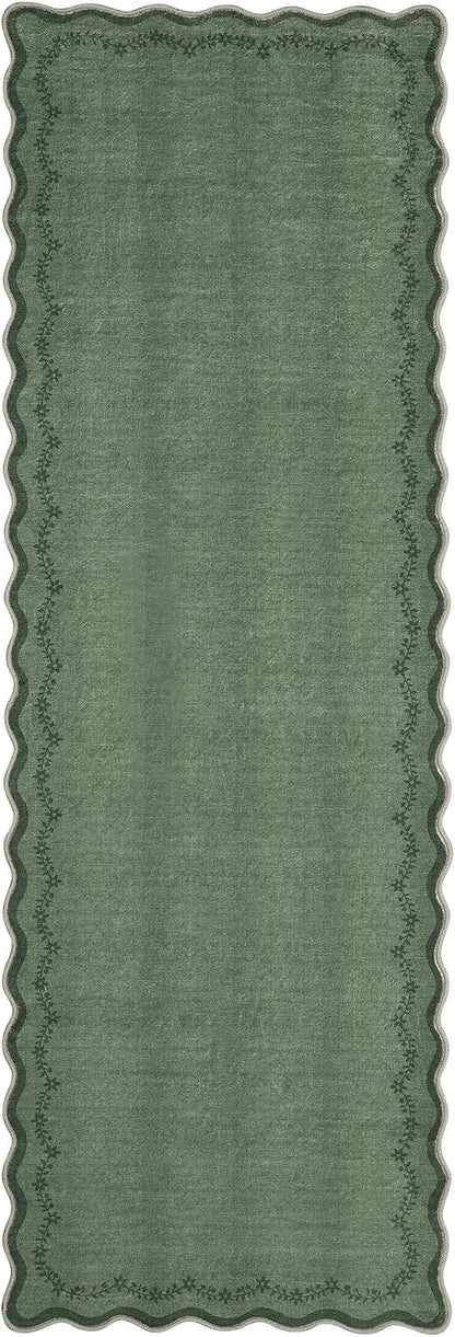 GarveeHome 2.5x8 Scalloped Washable Runner Rug for Kitchen, Soft Green Long Hallway Runner Non Slip Entryway Rug Farmhouse Thin Laundry Mat Stain Resistant Carpet for Bathroom Beside Rug