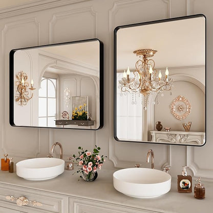 Black Metal Framed Bathroom Mirror for Wall,24X28 Rounded Rectangle Mirror, Matte Black Bathroom Vanity Mirror Farmhouse, Anti-Rust, Tempered Glass, Hangs Horizontally or Vertically