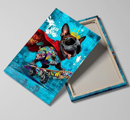 12x16 inch Graffiti French Bulldog Canvas Wall Art - Cool Skateboard Dog Poster with King Crown & Sunglasses, Pop Art Prints Street Style Framed Painting, Modern Colorful Animal Wall Decor for Bedroom Living Room