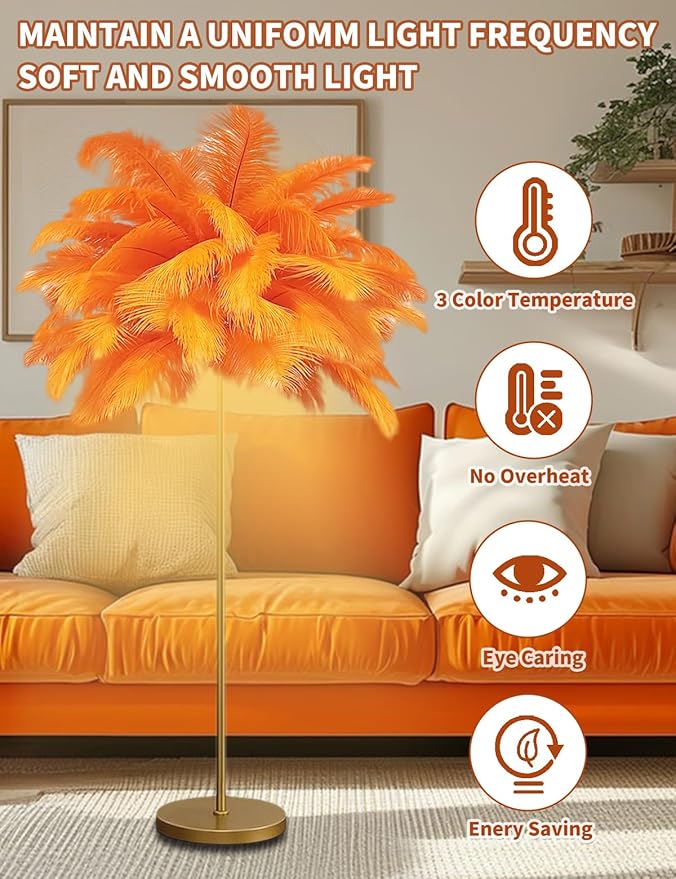 Feather Floor Lamp,Fluffy Ostrich Feather Floor Lamp for Bedroom,3 Color Temperatures Led Corner Modern Floor Lamps for Living Room Christmas Home Decor House Warming Gifts,63″ Height (Orange)