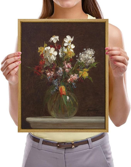 Pyradecor Framed Canvas Wall Art Vintage Decor Flowers in Vase Canvas Prints Classical Floral Painting Artwork Farmhouse Wall Decor for Living Room Decorations
