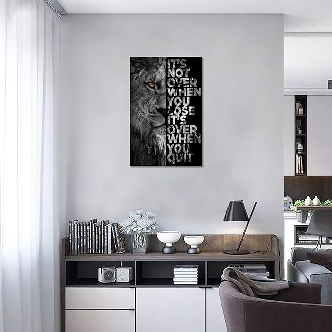 Lion Head Prints Canvas Inspirational Wall Art Black and White Animal Posters Motivational Quote Pictures for Bedroom Dorm Room Office Decor Framed Ready to Hang28x44inches