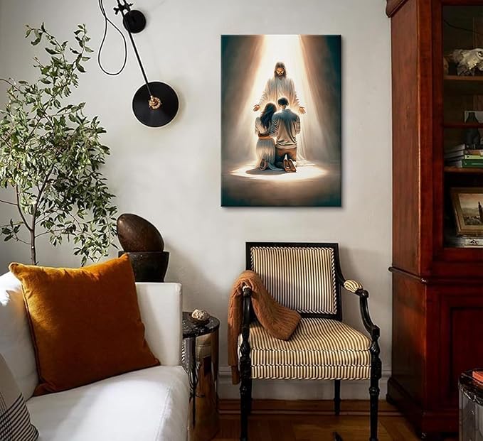 Jesus Blesses Couple Canvas Wall Art Couple Kneeling and Praying to Jesus Painting picture Wall Decor religion Christian Poster Print Artwork for Church LDS bedroom Living Home Decor 24x36 in Canvas