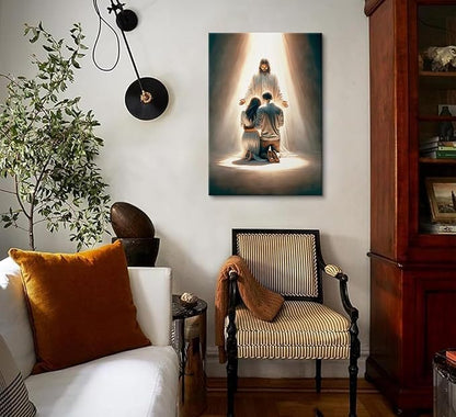 Jesus Blesses Couple Canvas Wall Art Couple Kneeling and Praying to Jesus Painting picture Wall Decor religion Christian Poster Print Artwork for Church LDS bedroom Living Home Decor 24x36 in Canvas