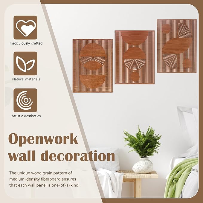 Betinyar 3PCS Geometric Abstract Wood Wall Art, Modern Wood Wall Decor with Hollow Design & Metal Hook, Vintage Brown Minimalist Home Decor for Living Rooms, Bedrooms, Offices, & Cafes (Dark brown)