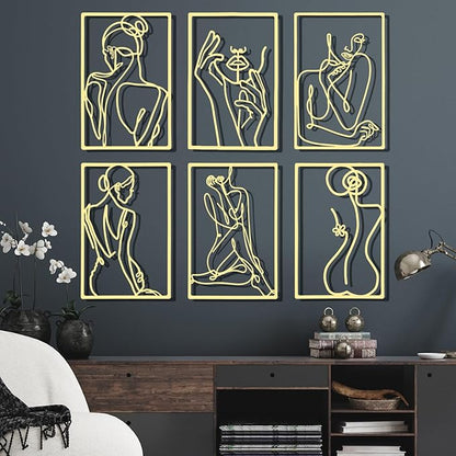 Cindeer 6 Pcs Metal Wall Decor Metal Minimalist Abstract Woman Wall Art Modern Minimalist Decor Aesthetic Female Hanging Art Large Single Line Wall Sculpture for Home Bedroom Living Room (Gold)