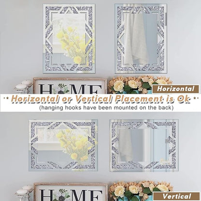 2 Piece Rectangular Hollow Crushed Diamond Decorative Mirror, Silver Crushed Diamond Mirror Decor Wall for Living Room Bedroom Bathroom (11”x15”)
