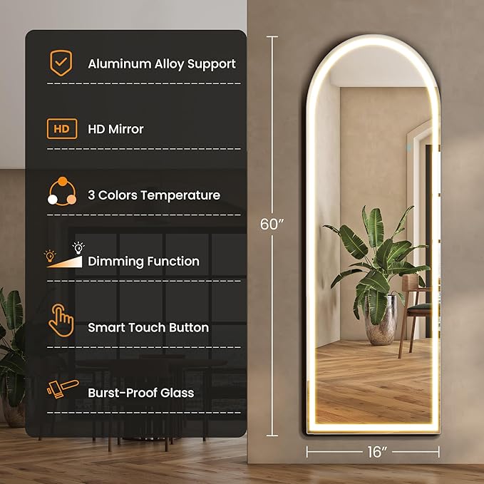 Arched Full Length Mirror with Stand 20"×63", Upgraded Full Body Mirrors with LED Light 3 Color Lighting, Floor Standing, Hanging or Leaning Modern Simple Home Wall Decor, White