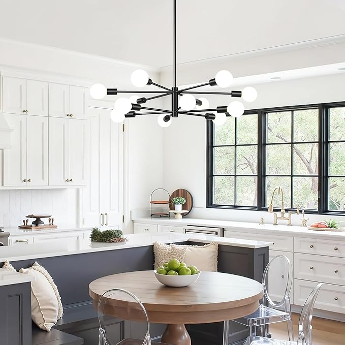 10.9"-52.3" Height Adjustable Modern Chandelier Ceiling Light Fixture, 12-Light Sputnik Chandeliers Matte Black Mid Century Chandelier Over Table, Chandeliers for Dining Room (Bulbs Not Included)