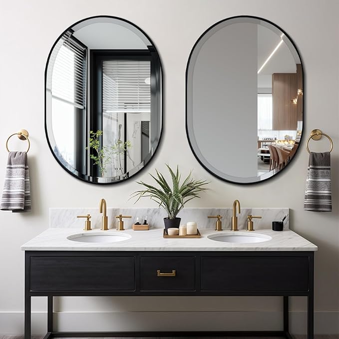 POZINO Oval Beveled Mirror, 24"x36" Bathroom Vanity Mirror Over Sink, Pill Shaped Capsule Wall Mounted Mirrors, Modern Oblong Mirrors for Living Room Bedroom Entryway, Hangs Vertically or Horizontally