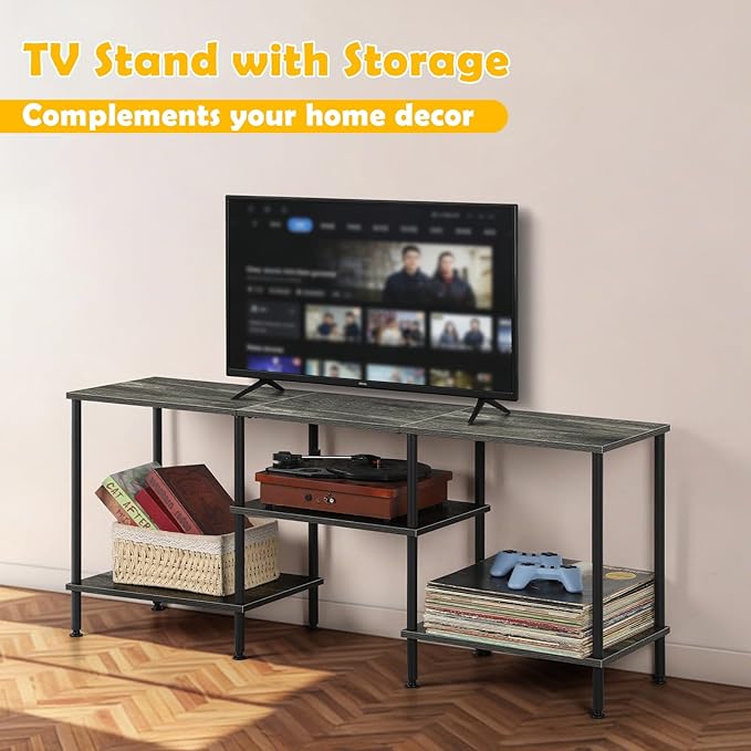 50 Inch TV Stand for Bedroom Dark Grey Entertainment Center with Storage 3 Tier TV Consoles for Living Room TV Media Console Table Cabinet with Open Storage Shelves for 50 43 40 32 Inch TV