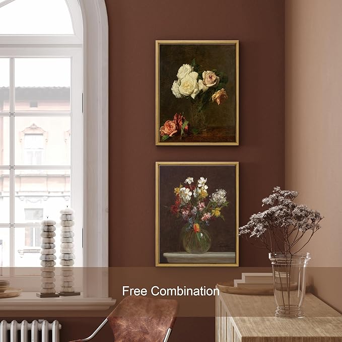 Pyradecor Vintage Retro Framed Wall Art Roses Paintings Pictures Canvas Prints Mid Century Bathroom Decor for Living Room Office Farmhouse Decorations