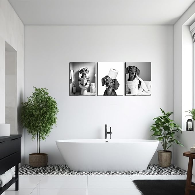Funny Dachshund Dog Wall Art Set of 3, Dachshund Bathroom Wall Decor Paintings, Black and White Dog Pictures Animal Canvas Posters Prints for Bathroom Restroom Home Decor Framed 16x24 Inch