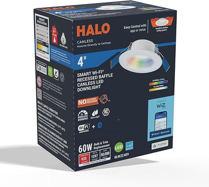 HALO 4 inch Smart Wi-Fi Recessed Canless LED Downlight 4-Pack, Connected by WiZ Pro with SpaceSense Motion Detection, Tunable White, 16M+ Colors WiZ App Control, Wet Rated, Dimmable - RLWZC409-4PK