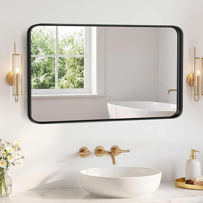 NEWBULIG 30X48 Inch Bathroom Mirror for Over Sink, Wall Vanity Mirrors Tempered Glass, Anti-Rust Metal Framed Rounded Rectangle, Hangs Horizontally or Vertically, Farmhouse Home Decor, Black