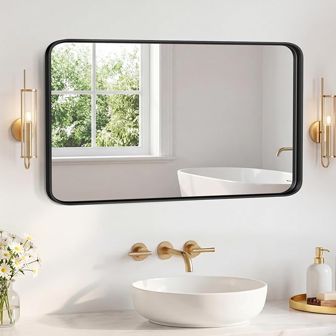 OLIXIS Bathroom Mirror for Over Sink, 30x48 Inch Wall Rounded Rectangle Mirror with Matte Metal Framed, Modern Wall Mount Vanity Mirror for Home Decor, Living Room, Bedroom, Gold