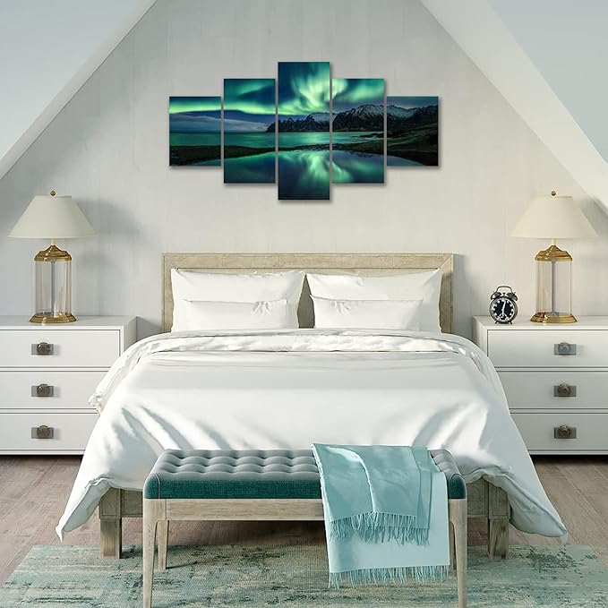Aurora Borealis Wall Art Painting for Office Bedroom Scenery Landscape Canvas Print Framed Picture Northern Lights Poster Artwork Ready to Hang(70Wx40H)