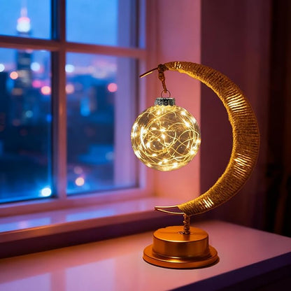 Ramadan Decorative Crescent Moon Table Night Light with Hanging Ball Battery Operated Lighting Suitable for Home Bedroom Shop Dining Holiday Party Eid Festival Lights (HGmoon-Ball)