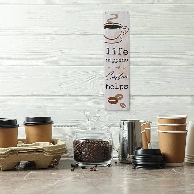 Vintage Coffee Signs, Life Happens Coffee Helps, Retro Metal Tin Sign, Inspirational Coffees Wall Art, Farmhouse Decorations for Cafe, Decorative Metal Wall Signs 15.8x4 Inches