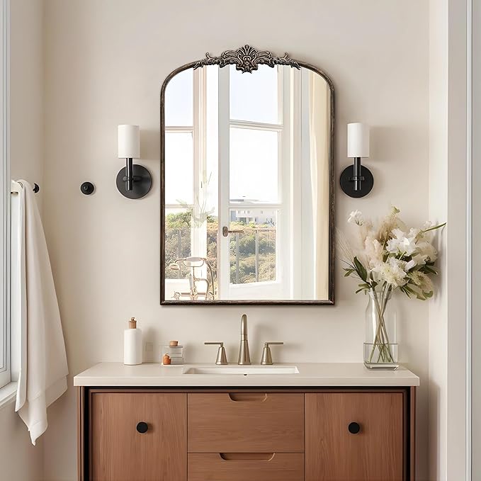 Besdomus Antique Large Arched Mirror: 24"x36" French Arch Black Vintage Wall Vanity Mirror - Traditional Ornate Home Decor for Entryway/Fireplace/Bathroom/Bedroom - Idea for Young Couples