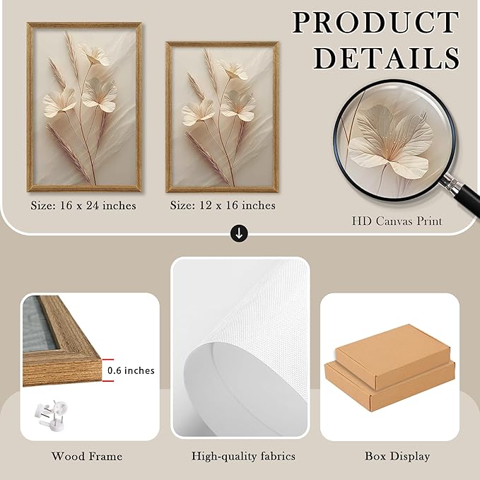 FYLDPSB 3Pcs Framed Neutral Beige Floral Canvas Wall art, Modern Simple Texture Plant Painting Wall Decor, Vintage Flower Poster Prints for Living Room Bedroom Farmhouse Ready to Hang 16''L x 12''W