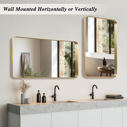 Anpark Wall Mirror 22" x 30" for Bathroom, Gold Metal Deep Frame, Rectangular Round Corner, Mounted Vanity Mirror for Bedroom, Living Room, Entryway Decor
