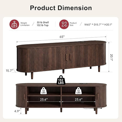 65" Mid Century Modern TV Stand, Wood TV Consoles with Sliding Doors and Power Outlet, Fluted Entertainment Center with Adjustable Shelves, Media Console for Living Room, Walnut
